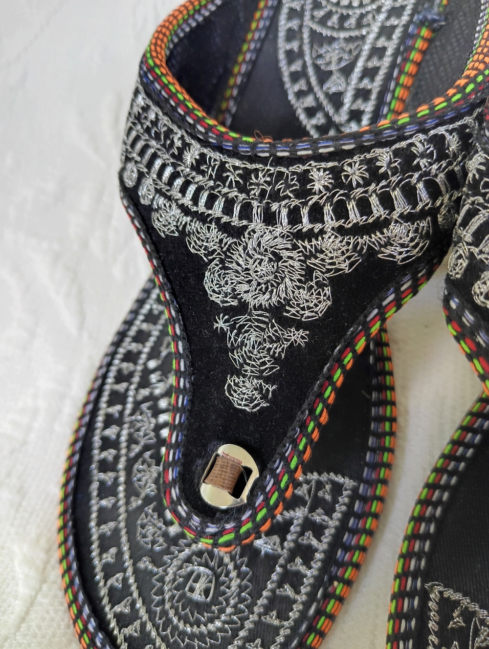 Rajasthani Embroidered Black Thong Sandals Flats Silver Metallic Indian Boho - Picture 5 of 12